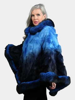 Woman's Two Tone Royal Blue Fox Section Fur Poncho