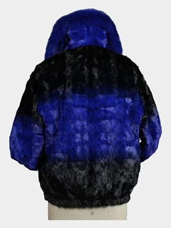 Man's Royal Blue Section Mink Fur Jacket With Dyed To Match Fox Collar