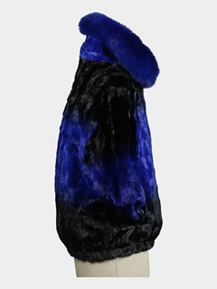 Man's Royal Blue Section Mink Fur Jacket With Dyed To Match Fox Collar