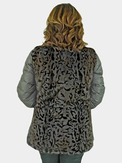 Woman's Grey Animal Print Mink Fur Vest Reversible to Grey Taffeta Plus Grey Down Filled Zipper Jacket 