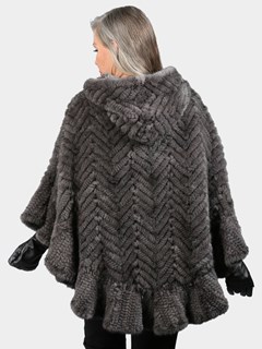 Woman's Grey Knitted Mink Fur Zipper Poncho with Poncho Hood
