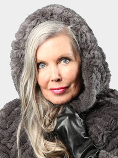 Woman's Grey Knitted Mink Fur Zipper Poncho with Poncho Hood
