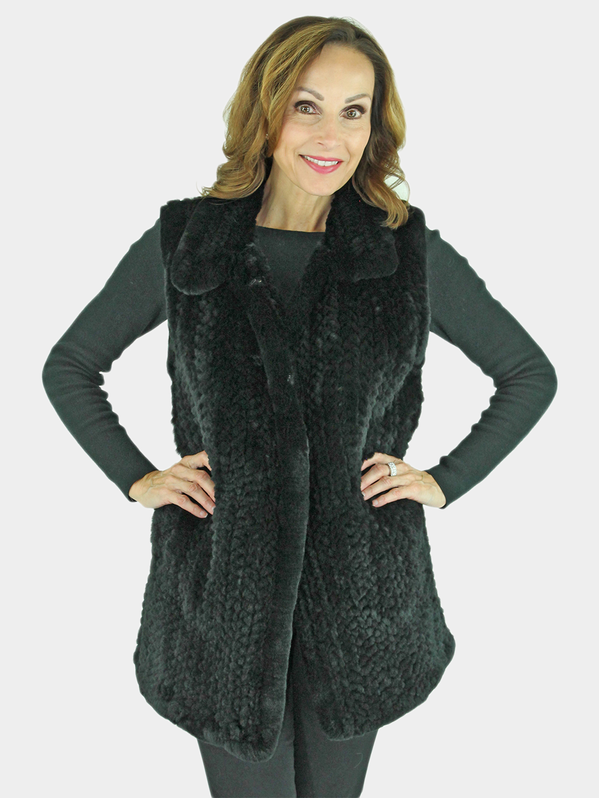 Black Knitted Rex Rabbit Fur Vest Large (Please Allow Up to 2 Weeks for Delivery)
