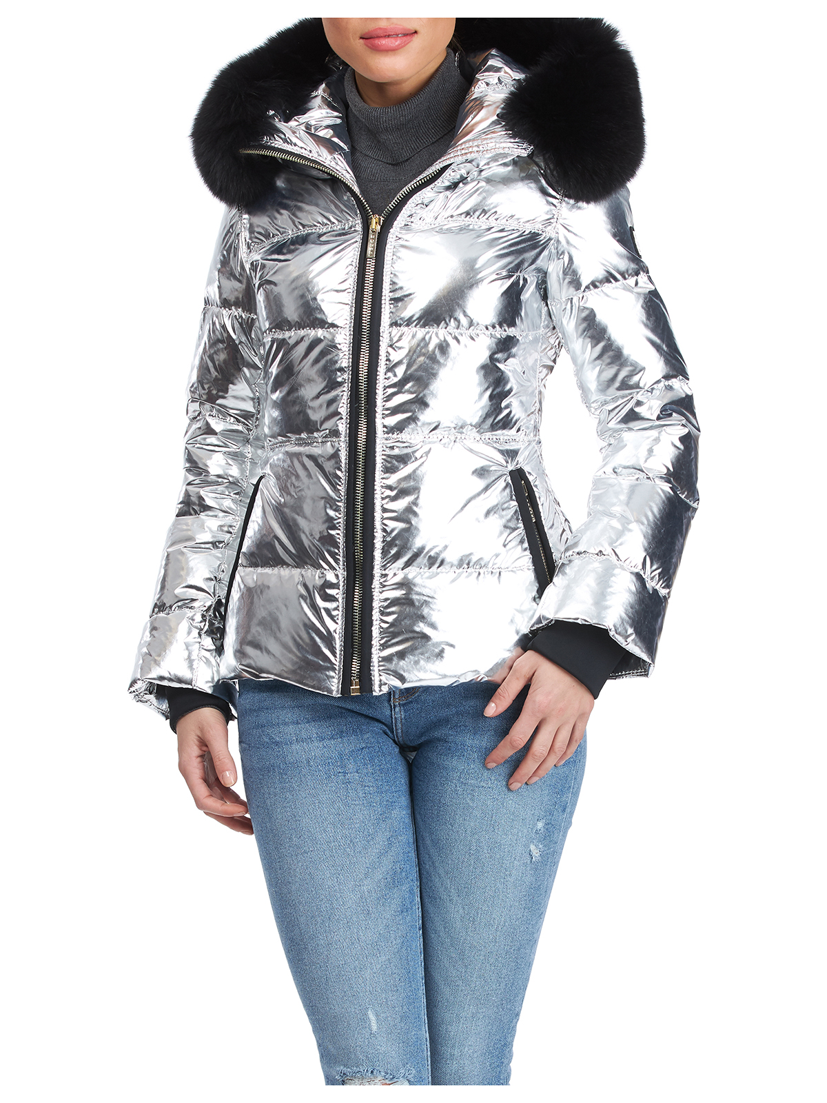 silver ski jacket with fur hood