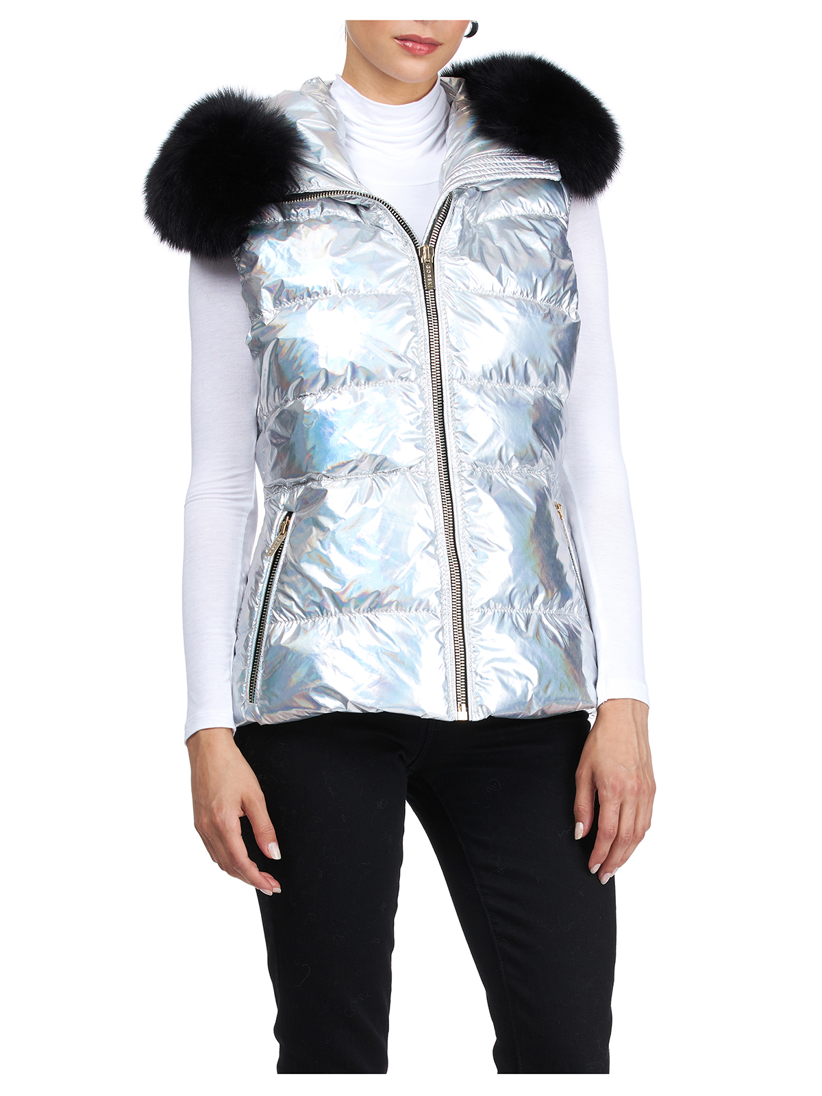 silver ski jacket with fur hood