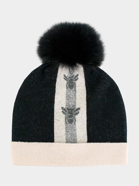 Women's Black and Cream Knitted Hat with Lurex Bee And Fox Pom Pom