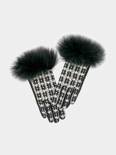 Women's Black Jacquard Knit Gloves with Dyed Black Fox Trim