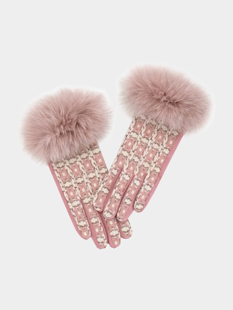 Women's Pink Jacquard Knit Gloves with Dyed  Fox Trim