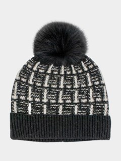 Women's Black Mix Tweed Knit Hat with Fox Pom Pom