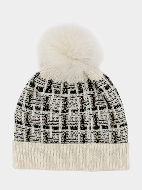 Women's Ivory Mix Tweed Knit Hat with Fox Pom Pom