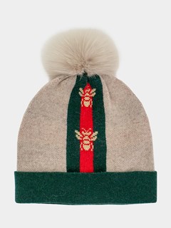 Women's Beige and Green Knitted Hat with Lurex Bee And Fox Pom Pom