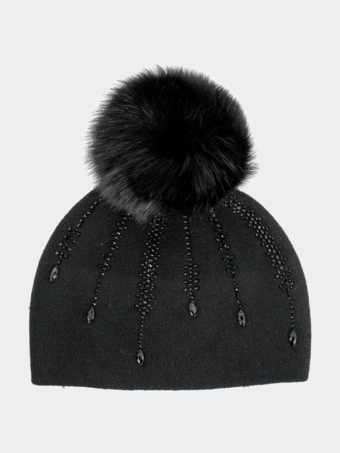 Women's Black Knit Hat with Beading and Fox Pom Pom