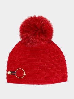 Women's Red Knit Hat with Ring Tab and Fox Pom Pom