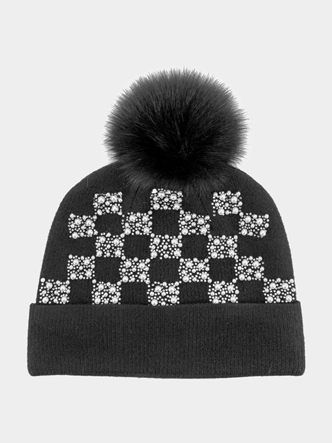 Woman's Black Knit Hat with Crystals Pearls and Fox Pom Pom