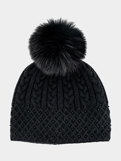 Woman's Black Cable Sparkle Knit Hat and Fox Pom Pom