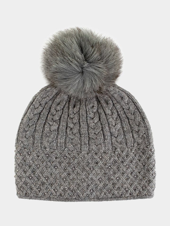 Woman's Grey Cable Sparkle Knit Hat with Fox Pom Pom