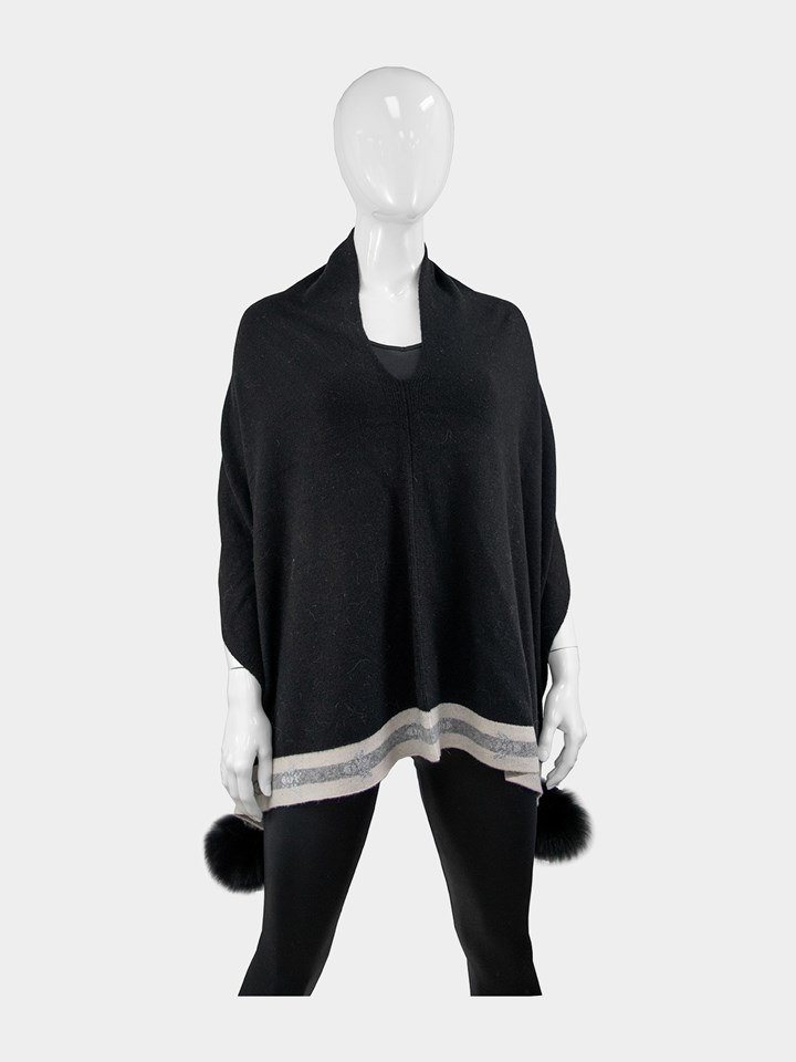 Women's Black / Cream Fabric Poncho With Lurex Bee Line