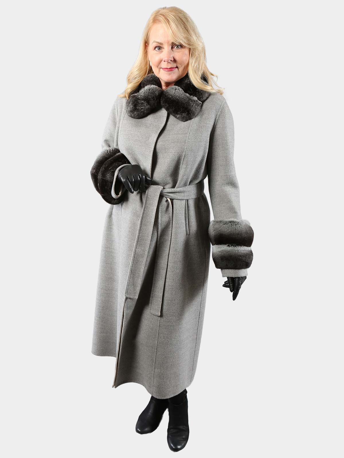 Gray Faux Fur Coat for Women Long Faux Fur Wool Coat Grey 