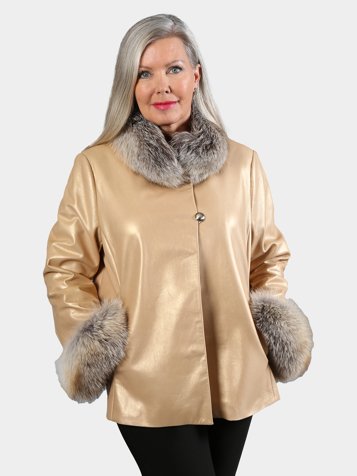 Women's Gold Leather Jacket with Fox Trim - Day Furs