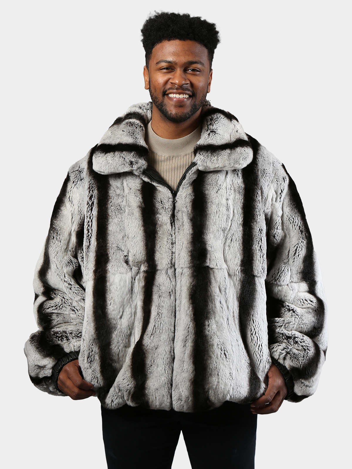 Black Lambskin Leather 24″ Short Jacket with Chinchilla Rex Rabbit Fur Trim  - A.J. Ugent Furs %