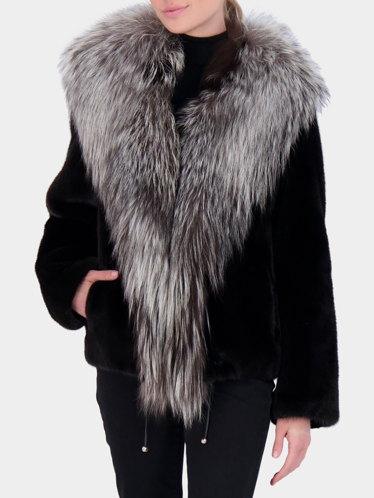 2021 New Winter Real Mink Fur With Fox Fur Collar Cuff Coat Women Full Pelt  Outerwear Thick Warm Fashion Elegant Black Overdress