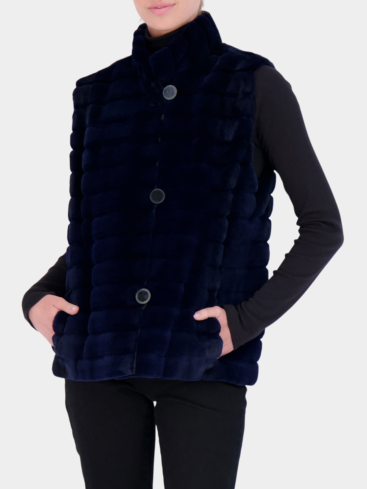 Woman s Midnight Blue Grooved and Sheared Horizontal Mink Fur Vest Reversible