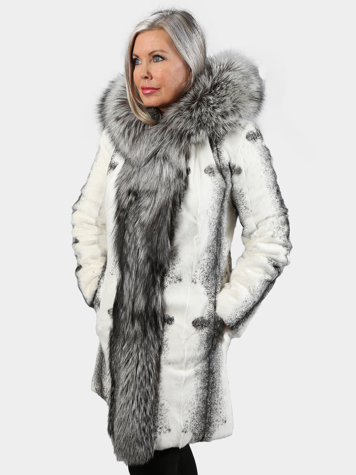 White Mink Fur Hooded Stroller w/ Silver Fox Fur Trim