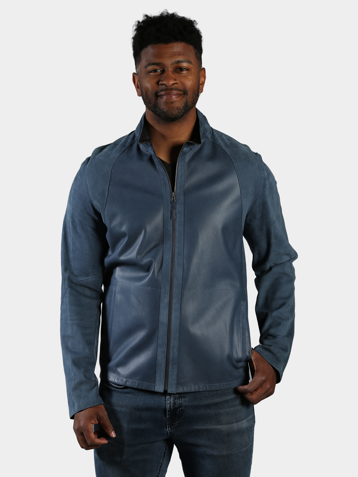 Man s Blue Lambskin Leather Jacket Reversible to Black Leather