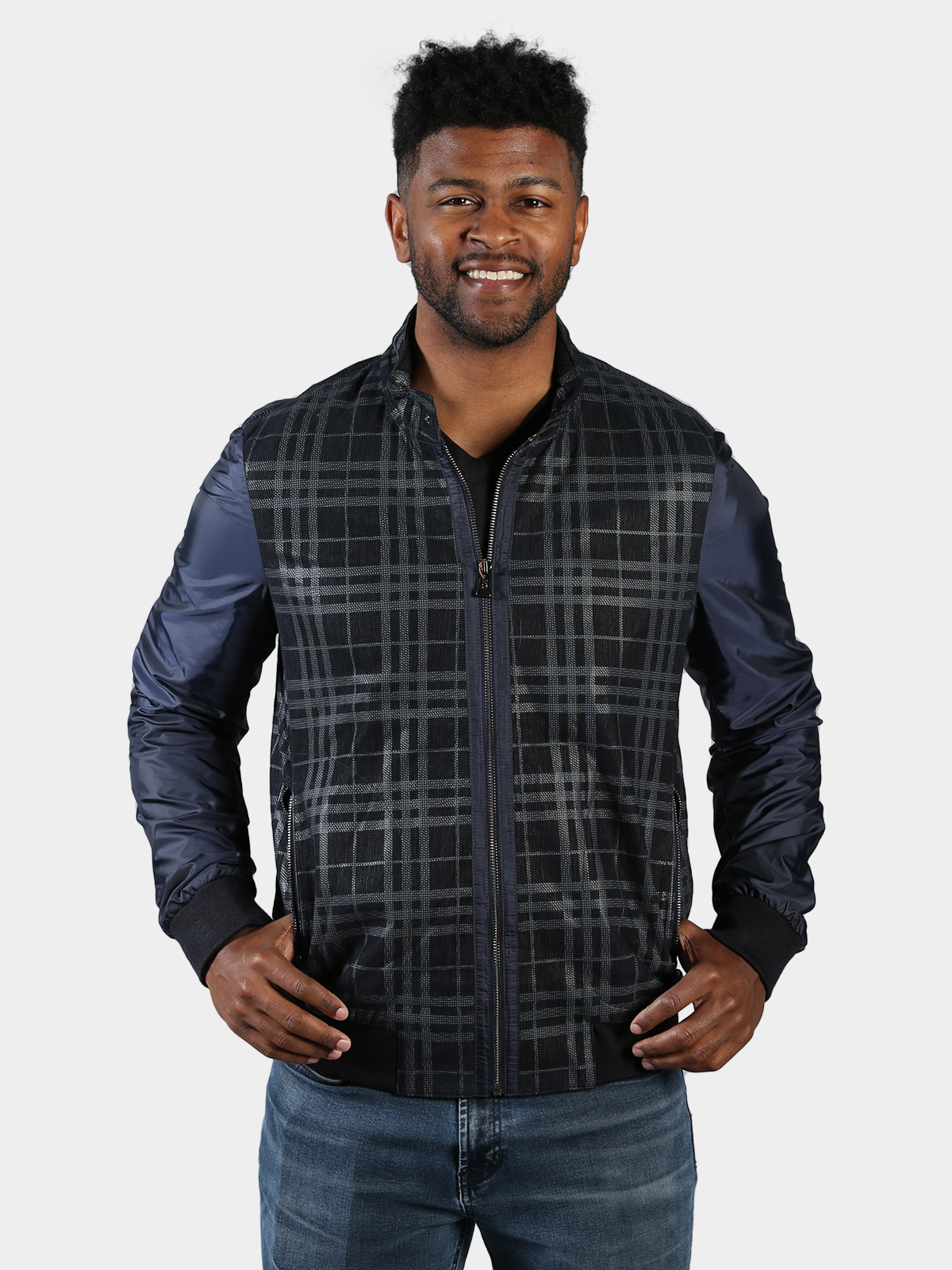 Men s Navy Plaid Leather and Nylon Jacket