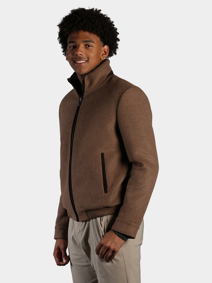 Man's Camel Fabric Jacket with Brown Shearling Lamb Lining