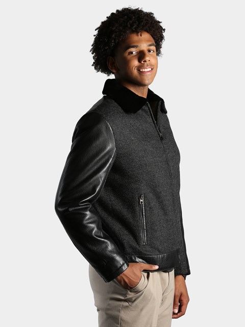 Man's Black Fabric and Leather Jacket With Black Shearling Lining