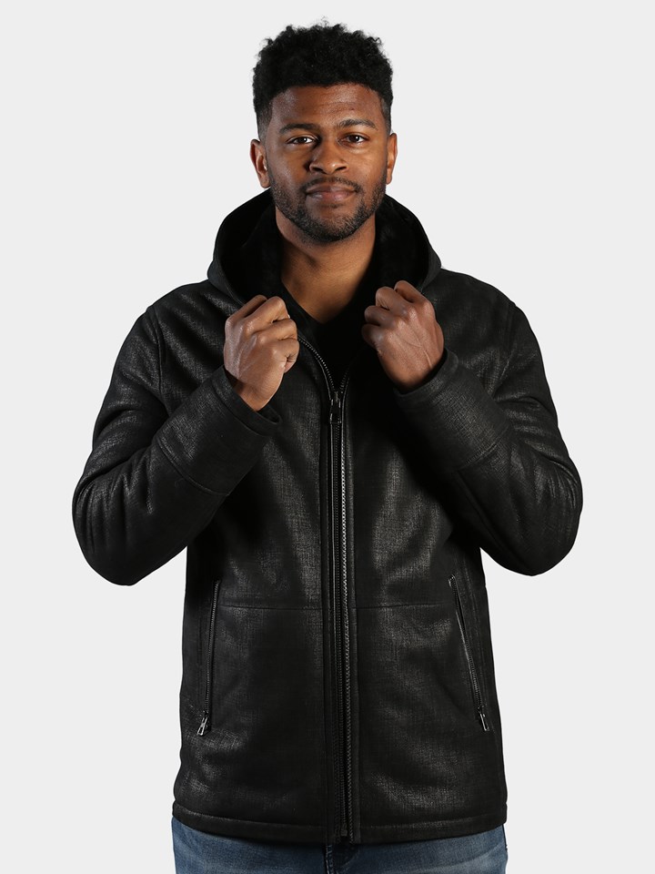 Man's Black Textured Eclipse Design Shearling Jacket with Hood