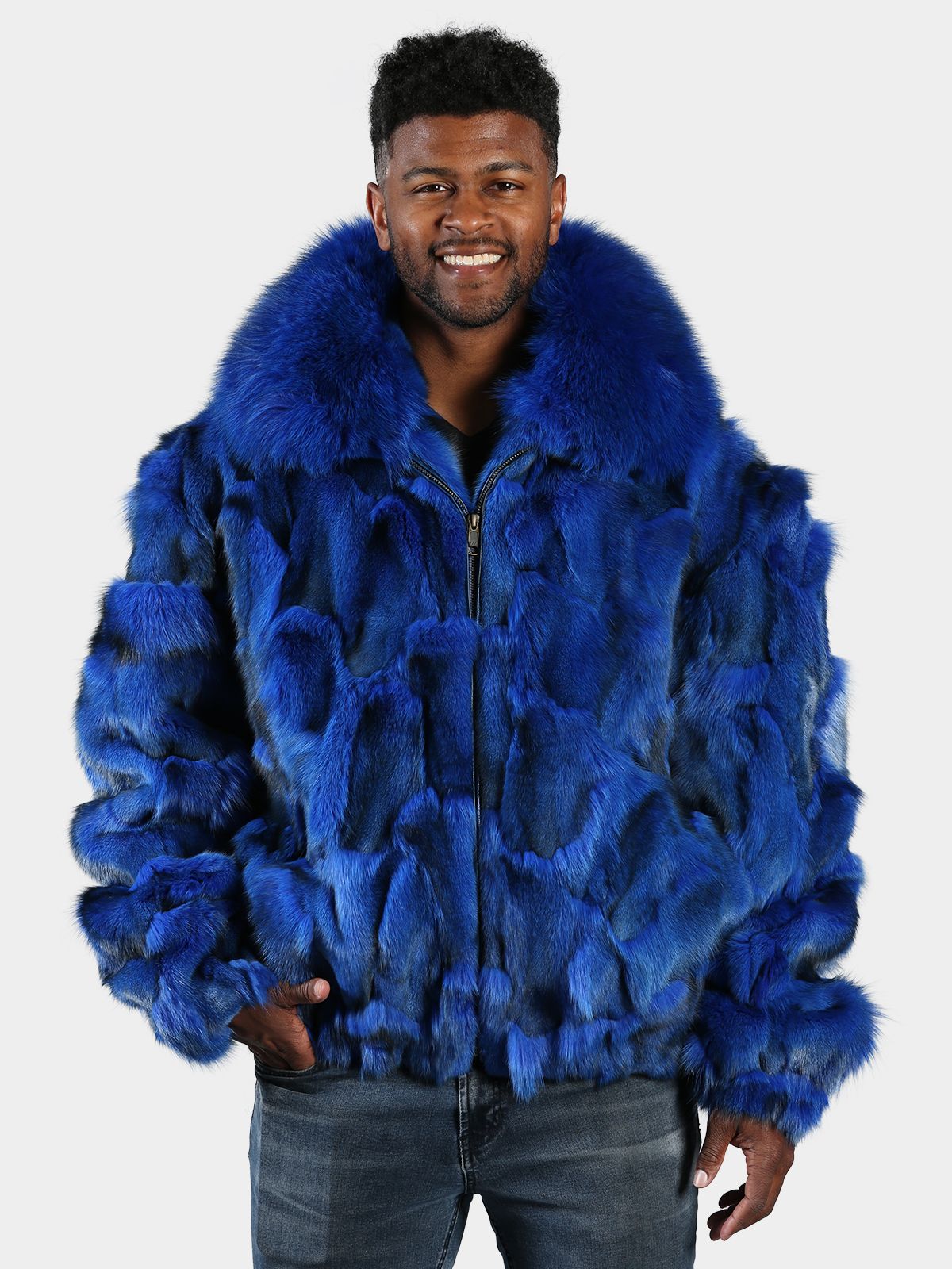 Blue fur bomber jacket hotsell