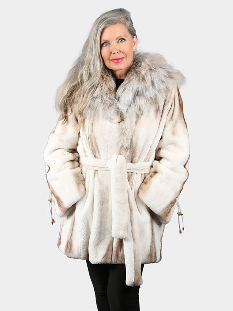 Woman's Golden White Hooded Semi Sheared Mink Fur Stroller