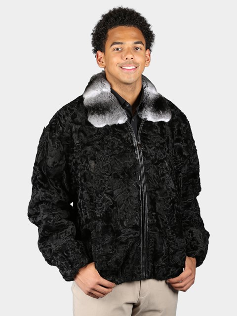 Man's Black Persian Lamb Fur Jacket With Chinchilla Collar