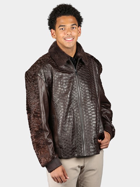 Man's Brown Lamb Leather Jacket With Mink Collar