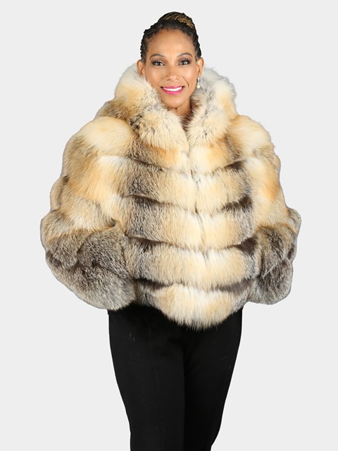 Woman's Natural Golden Isle  Fox Fur Jacket With Hood