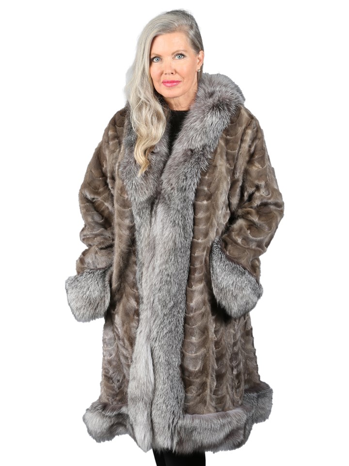 Woman's Grey 3/4 Section Mink Fur Coat With Natural Silver Fox Trim