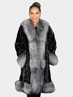 Woman's Black 3/4 Section Mink Fur Coat With Natural Silver Fox Trim