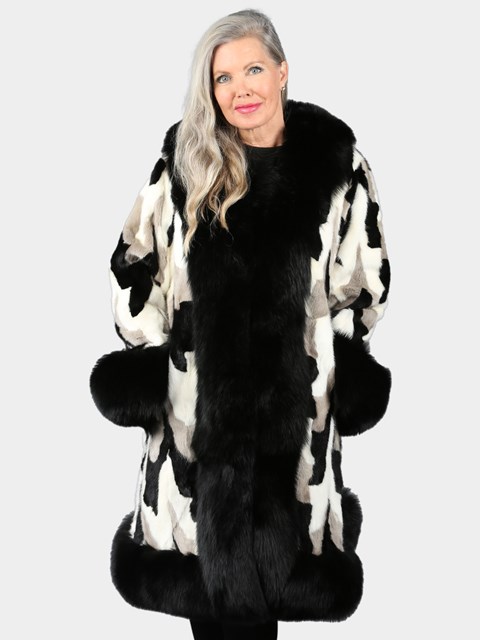 Woman's Black White And Grey 3/4 Section Mink Fur Coat With Black Fox Trim