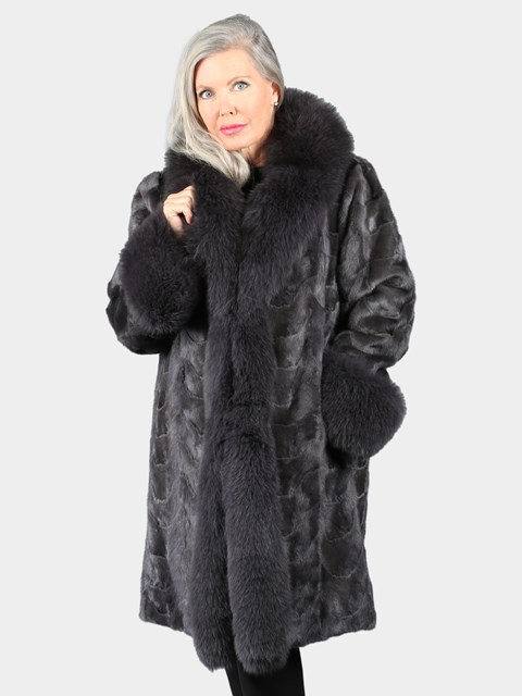 Woman's Grey 3/4 Section Mink Fur Coat With Dark Grey Fox Trim