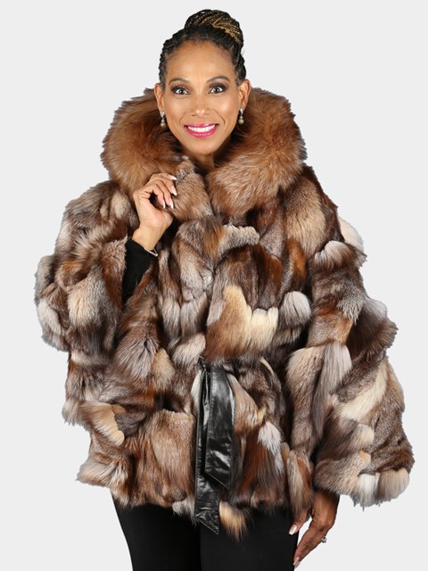 Woman's Natural Section Crystal Fox Fur Poncho With Hood