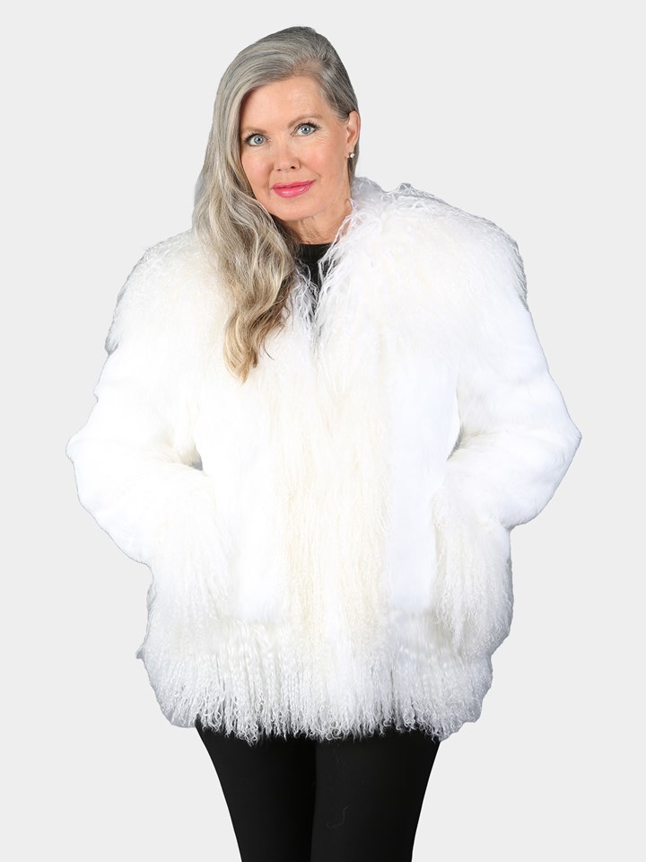 Woman's White Full Skin Rabbit Fur Jacket