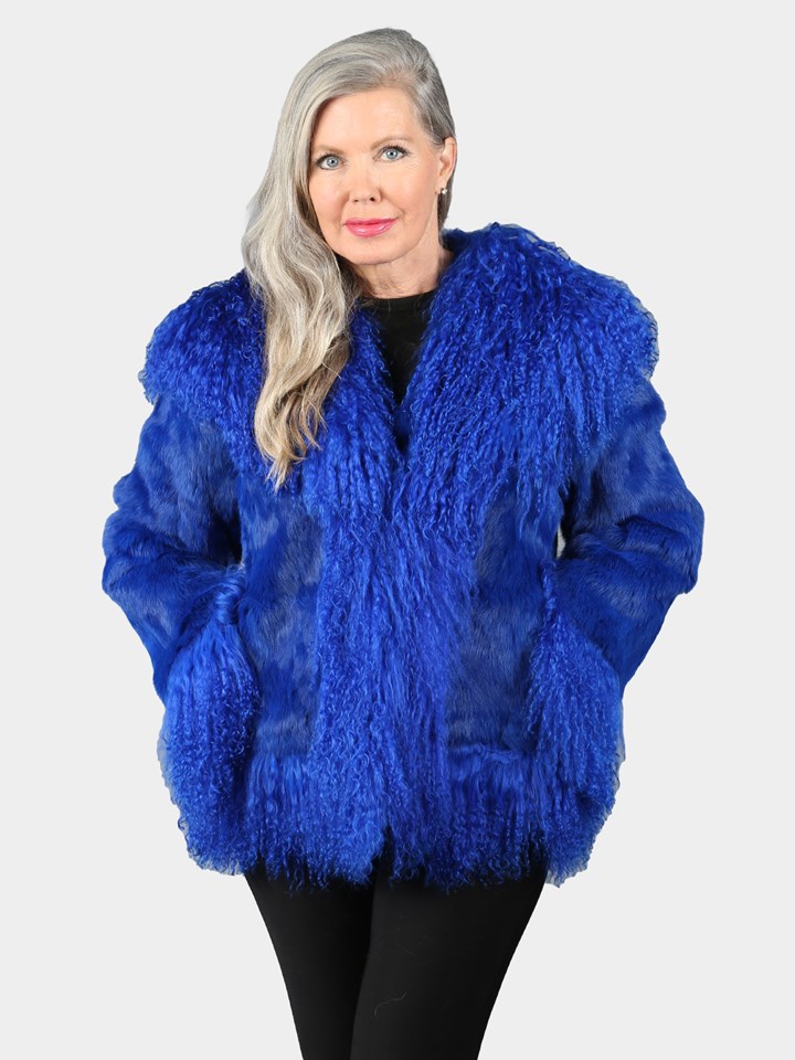 Woman's Royal Blue Full Skin Rabbit Fur Jacket