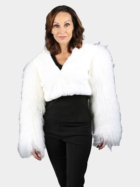 Woman's White Rex Rabbit Fur Short Jacket With Mongolian Lamb Sleeves