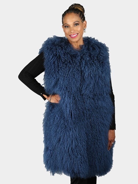 Woman's Blue Mongolian Lamb Fur 3/4 Vest