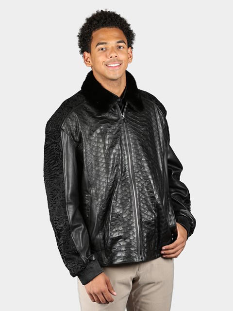 Man's Black Print Leather Jacket With Persian Lamb Collar