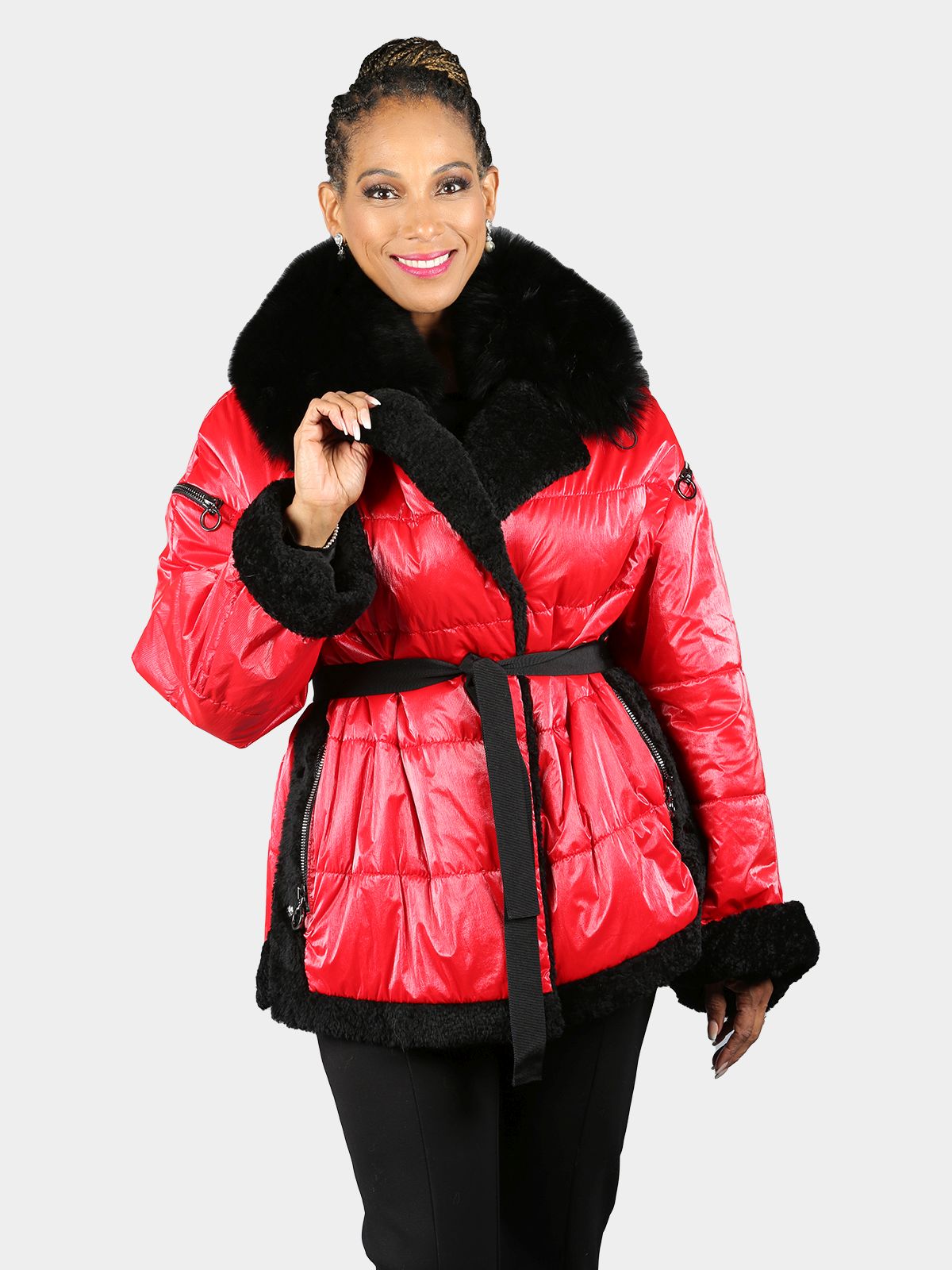 Woman s Red Fabric Jacket with Black Curly Lamb Fur Collar Cuffs and Trim