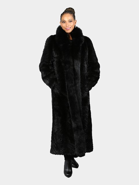 Woman's Black Section Mink Fur Coat with Matching Black Fox Tuxedo Front