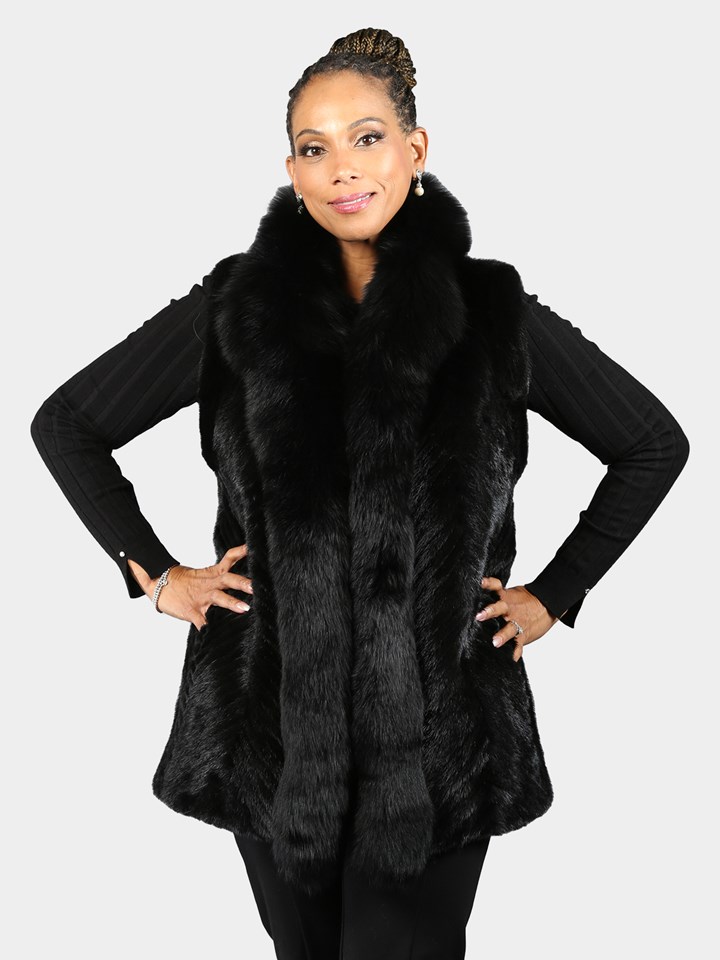 Woman's Black Section Mink Fur Vest with Matching Fox Tuxedo Front